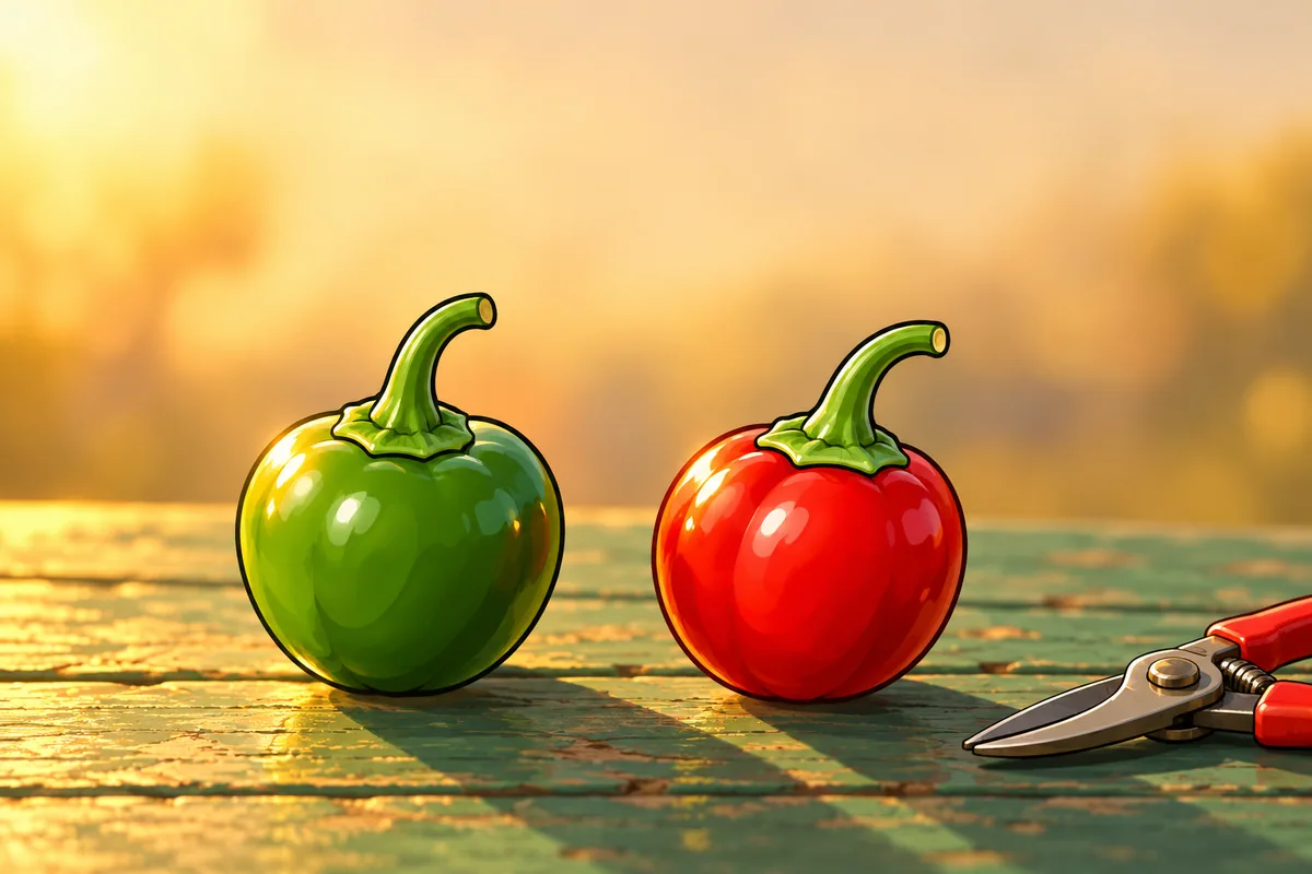 A green and a red cherry pepper side by side on a garden table, both round and about the size of a large cherry tomato.