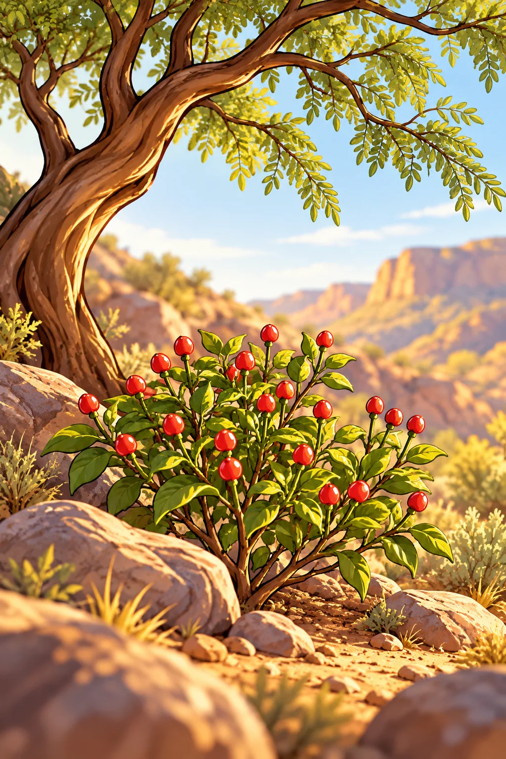 A small chiltepin shrub dotted with tiny upright red pods grows at the foot of a mesquite tree beside boulders in a rocky canyon at dawn.