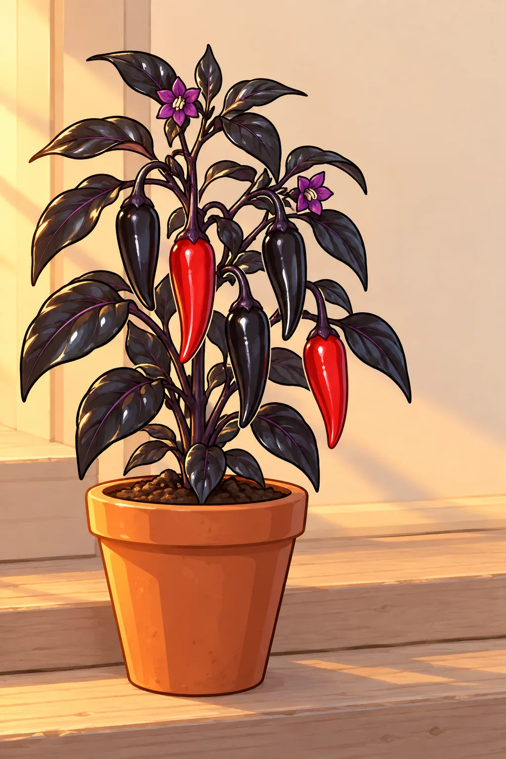A knee-high Count Dracula pepper plant in a terracotta pot with glossy near-black leaves, dark purple stems, purple flowers, and slim hanging pods, three black and two blood red.