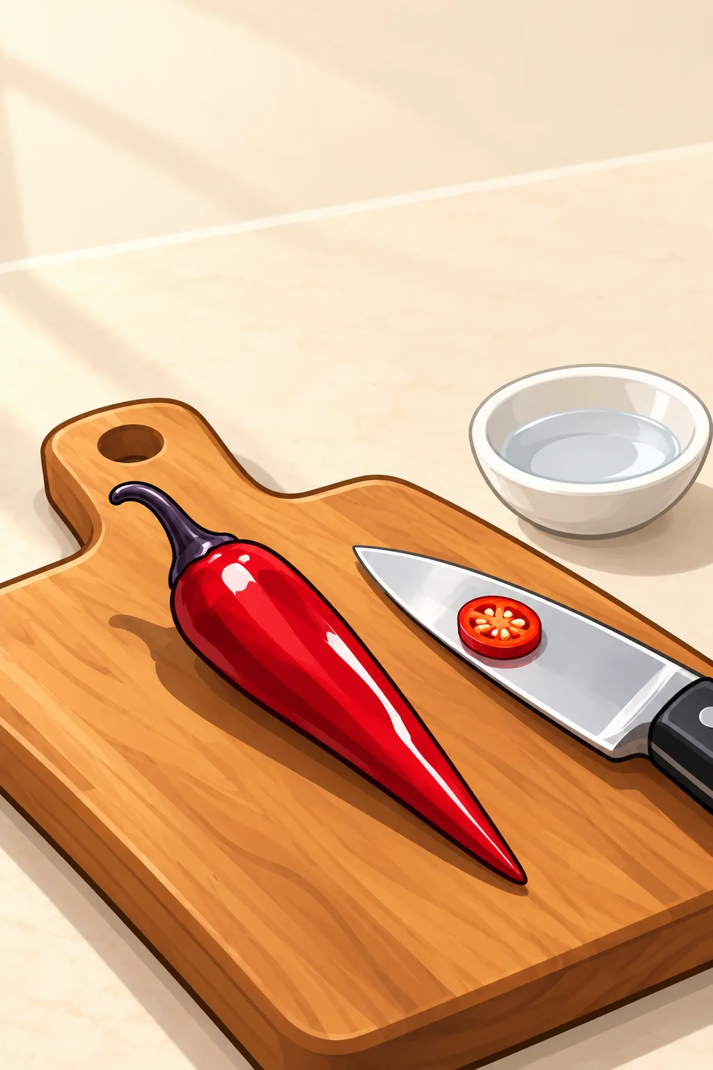 A slim blood-red Count Dracula pod on a wooden cutting board next to a thin pale sliver of it on the tip of a small knife.