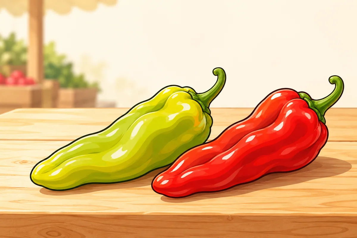 Two long cubanelle peppers side by side on a wooden board, one light yellow-green and one bright red.