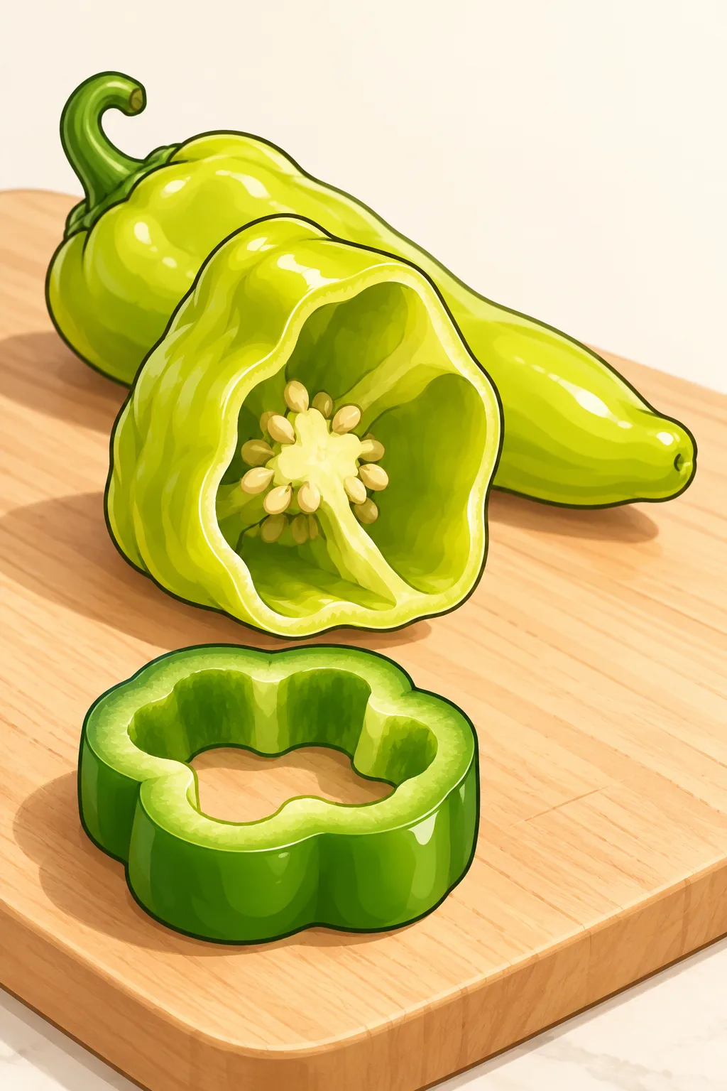 A cubanelle cut in half across, showing a thin pale wall, above a thick-walled bell pepper ring and a whole pale cubanelle.