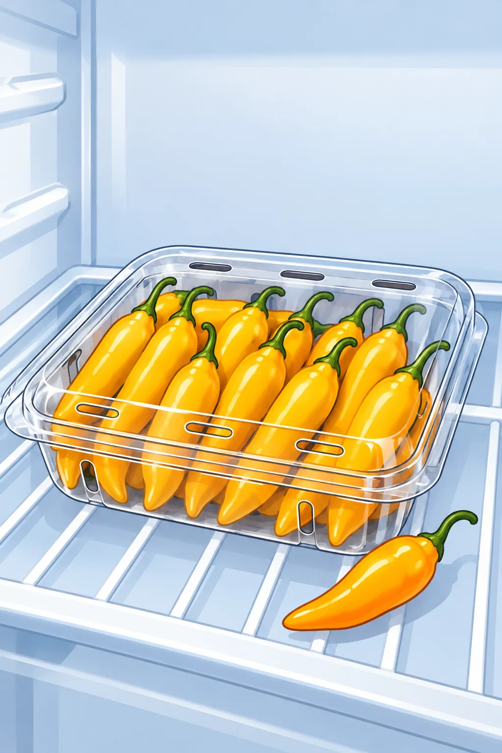 A closed, vented clear box packed with golden-yellow finger-shaped datil peppers on a refrigerator shelf, with one orange datil beside it.