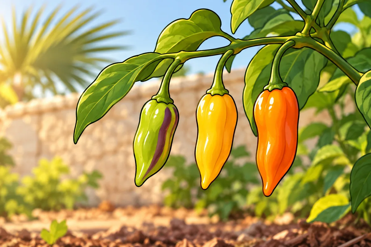 A datil pepper branch over a sandy Florida garden bed with three small finger-shaped pods, lime green with a purple stripe, golden yellow and orange.