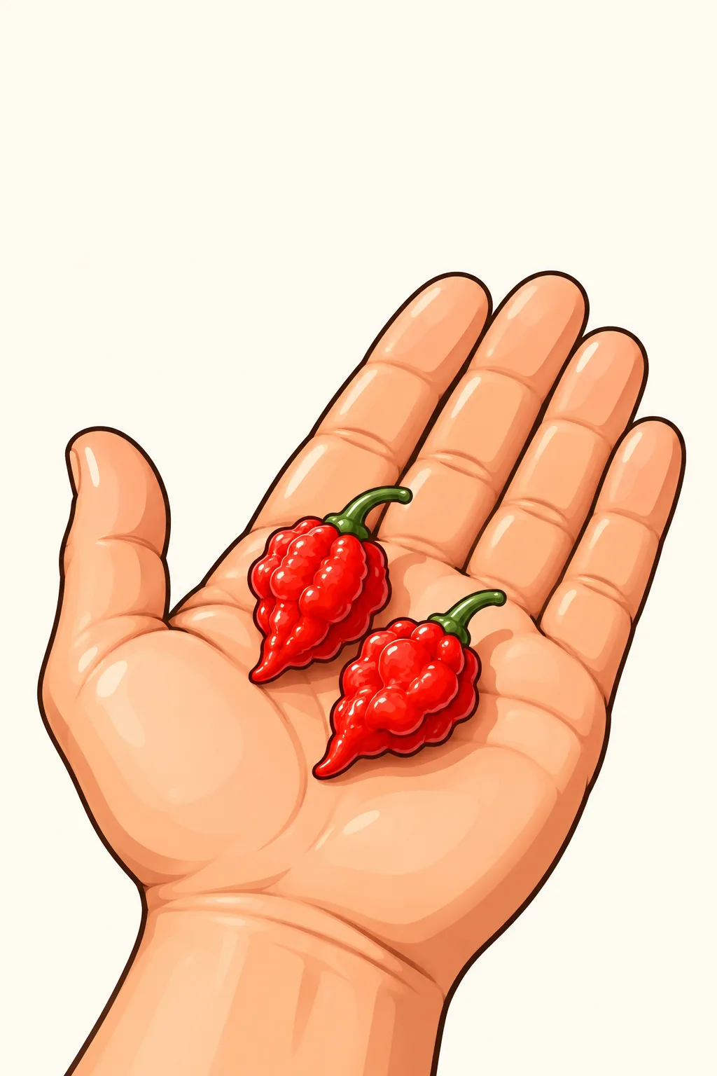 An open palm holding two small bumpy red pods that taper to a point, each about as long as a finger joint.