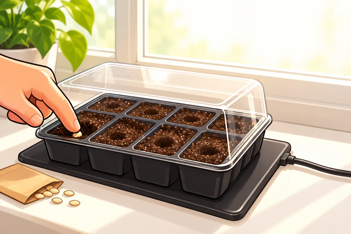 A seed-starting tray with a clear dome lid standing on a heat mat on a bright windowsill, a fingertip pressing one seed into a cell.