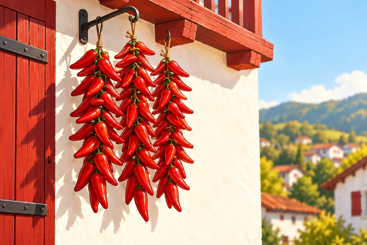 Three long strings of red cone-shaped peppers hanging from an iron hook on a whitewashed Basque house front beside a dark red shutter, green hills blurred behind.