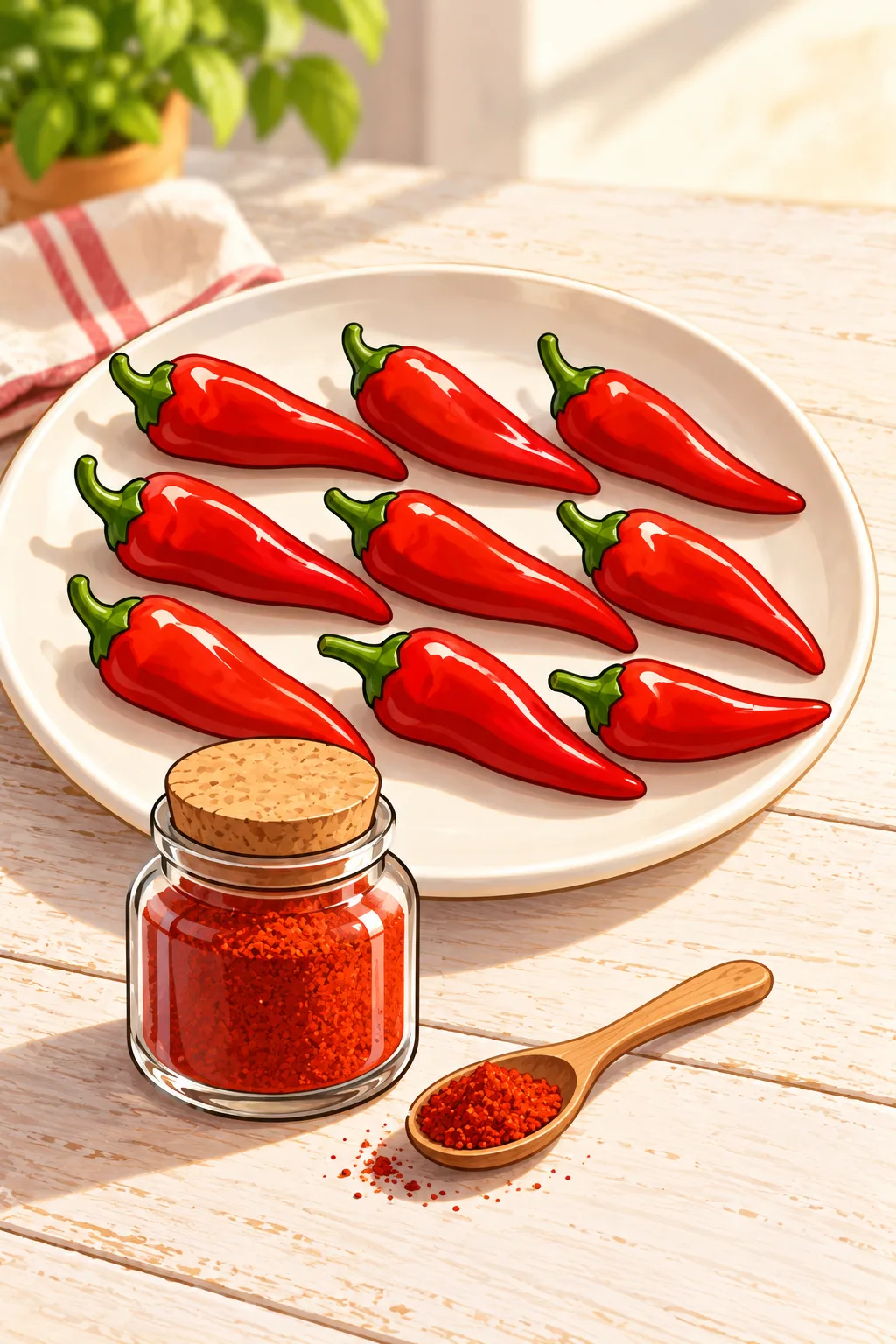 Nine slim scarlet Espelette peppers in three rows above a small corked glass jar of deep-red powder.