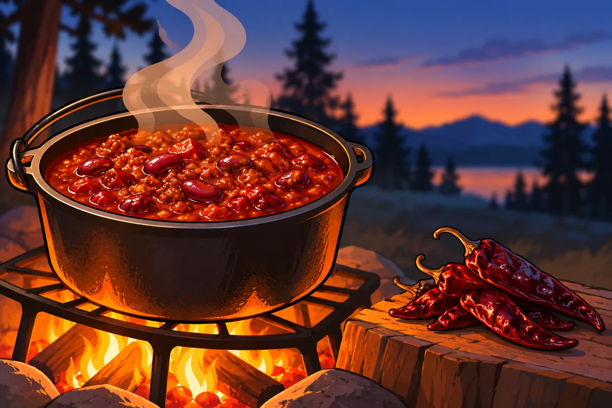 A black cast-iron pot of red bean chili steaming over a campfire at dusk, with a small pile of wrinkled dried red-brown chile pods on a log beside it.