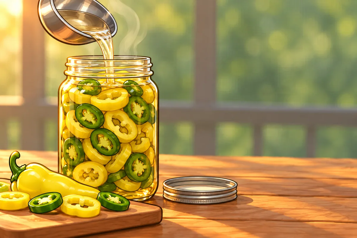 A glass canning jar packed with yellow banana pepper rings and green jalapeño rings filling with hot brine from a ladle, on a porch table beside a cutting board and a jar lid.