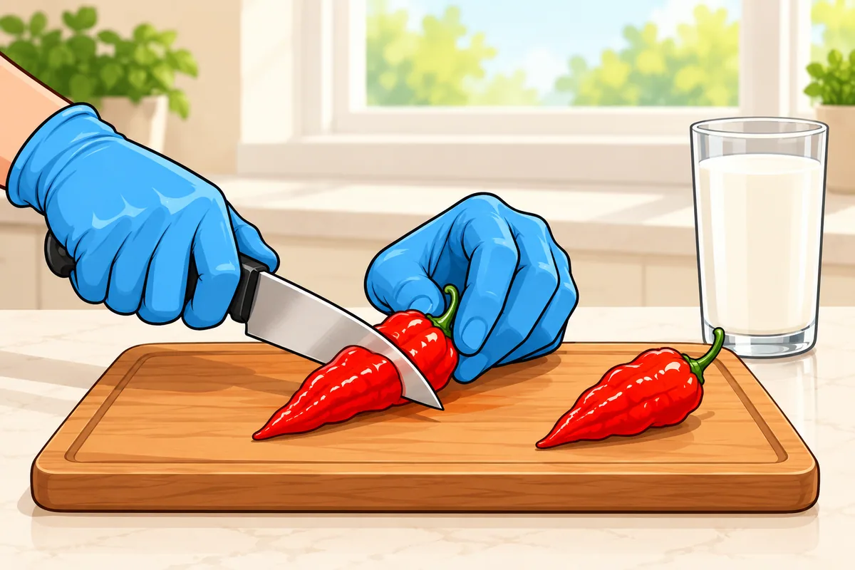 Two blue-gloved hands cutting a wrinkled red ghost pepper on a wooden board, with a glass of milk on the counter.