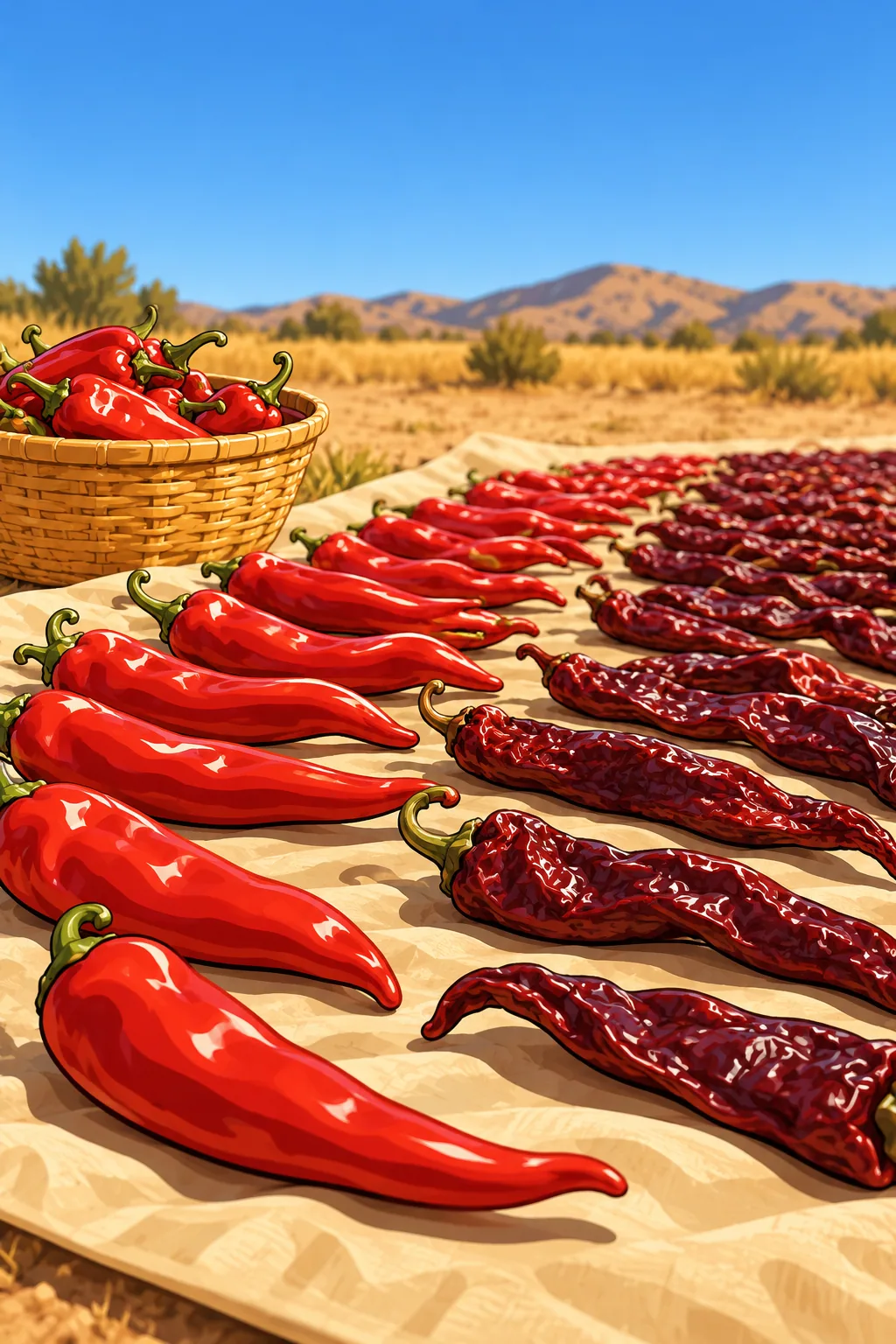 Rows of long red chiles dry on a tarp in high-desert sun, glossy fresh red at the front and dried deep burgundy further back, with a basket of fresh pods.