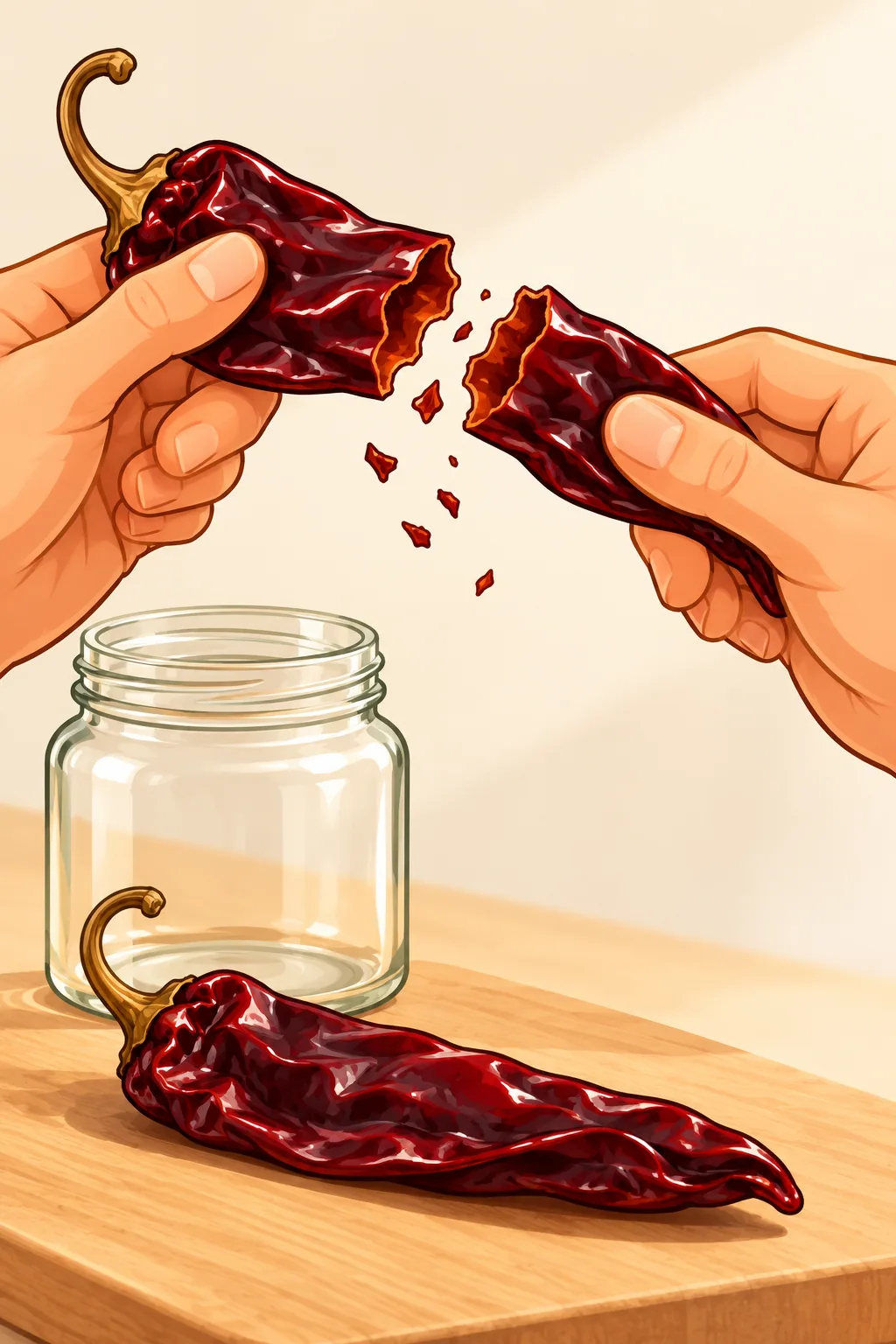 Two hands snapping a dry, glossy burgundy guajillo chile cleanly in half above a whole pod and an open glass jar.
