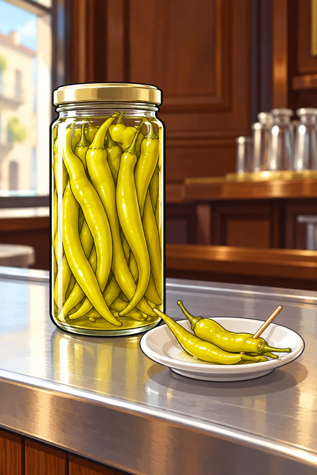 A tall glass jar packed upright with long, slender yellow-green guindillas in pale brine on a zinc bar counter, beside a small plate with two on a cocktail stick.
