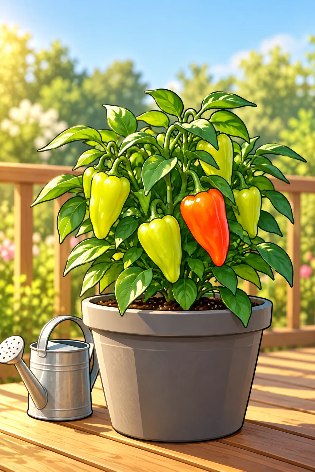 A bushy sweet pepper plant in a large grey patio pot carrying several pale yellow wedge-shaped peppers and one ripening orange-red, beside a small watering can on a sunny deck.