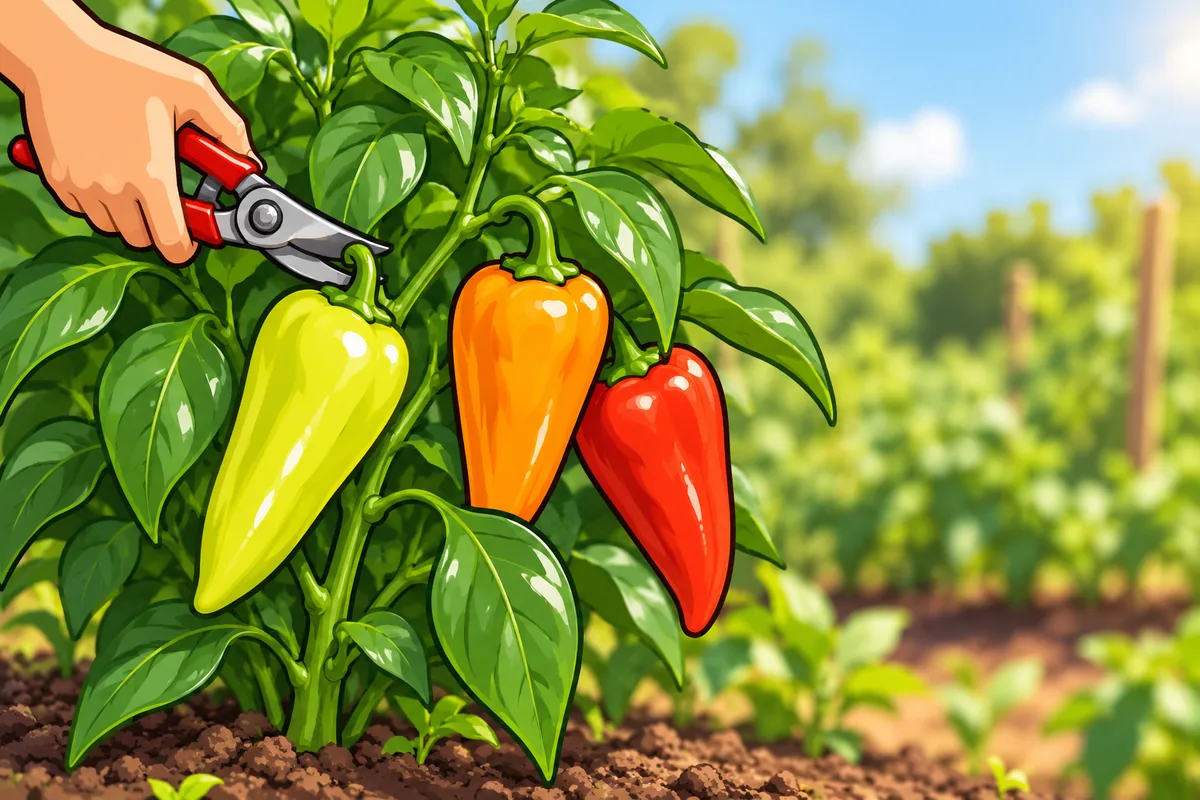 A hand with garden snips cutting a light greenish-yellow Gypsy pepper from a bush that also carries an orange and a red one.