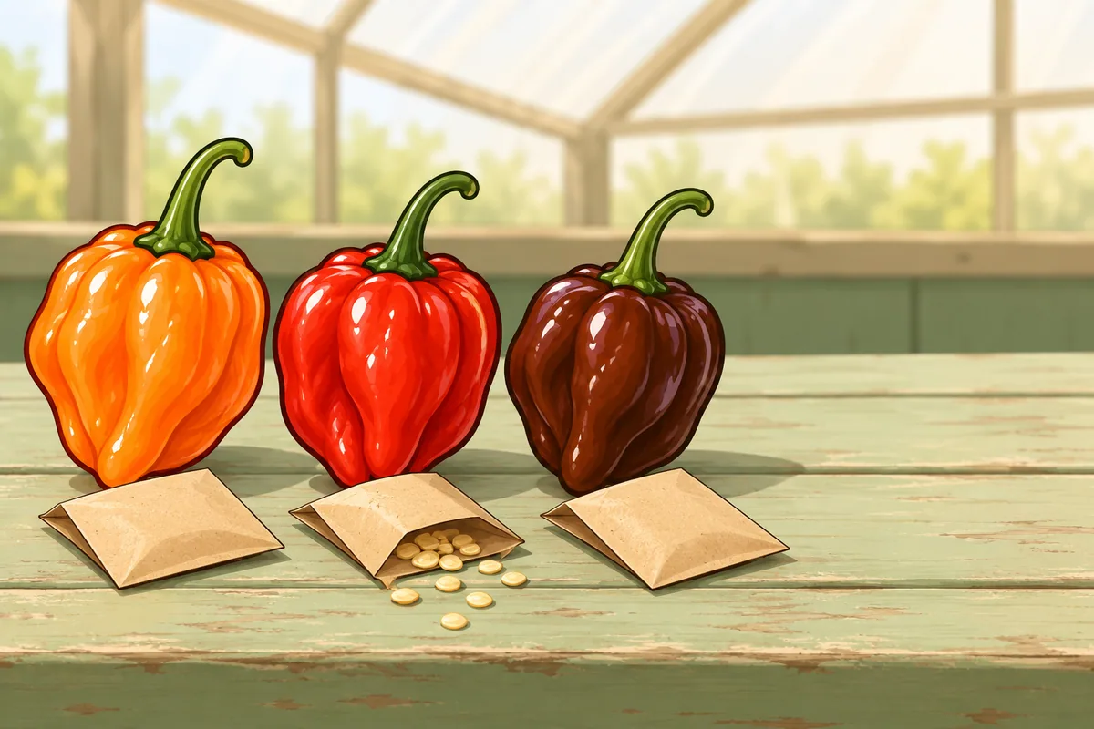 Three ripe habanero pods in orange, deep red and chocolate brown standing in a row on a pale green seed bench, each with a blank seed envelope in front.