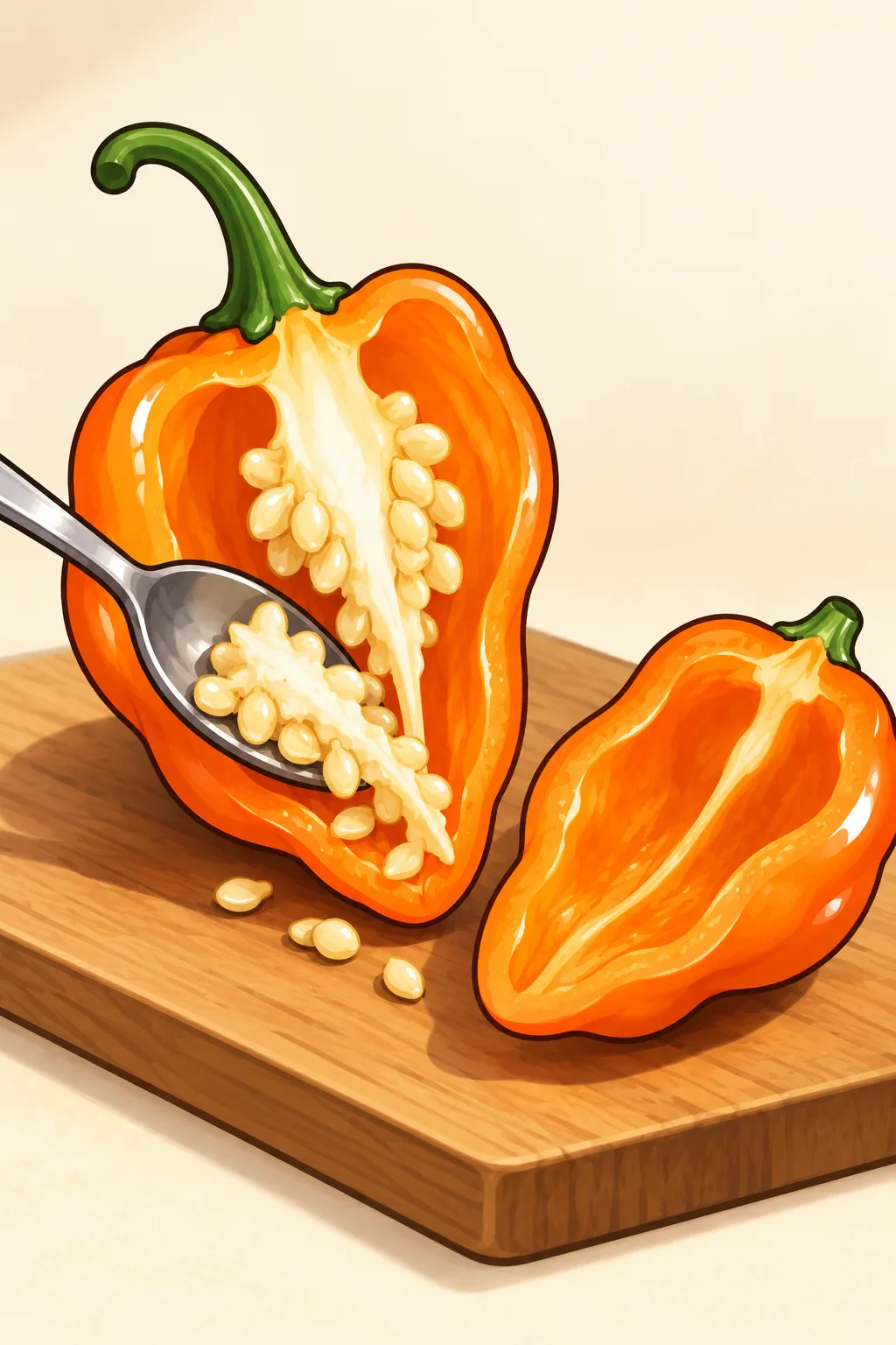 A habanero cut in half lengthwise, showing thin orange flesh and the white ribs with pale seeds, with a spoon scraping them out.