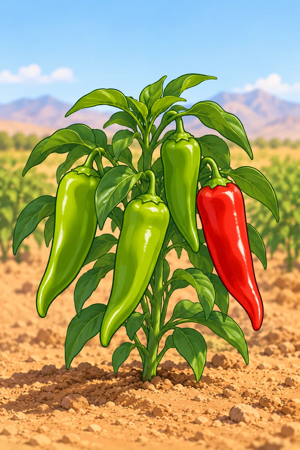 One chile plant in a desert garden row hanging three long green pods and one deep red pod.