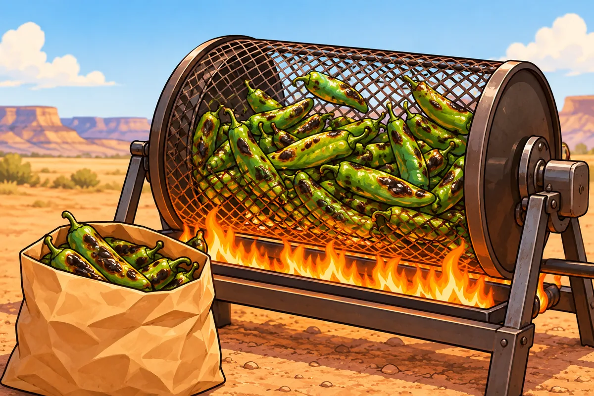 A steel-mesh drum roaster full of blistering green chiles over gas flames in a dusty desert lot, with a paper bag of roasted chiles in front.