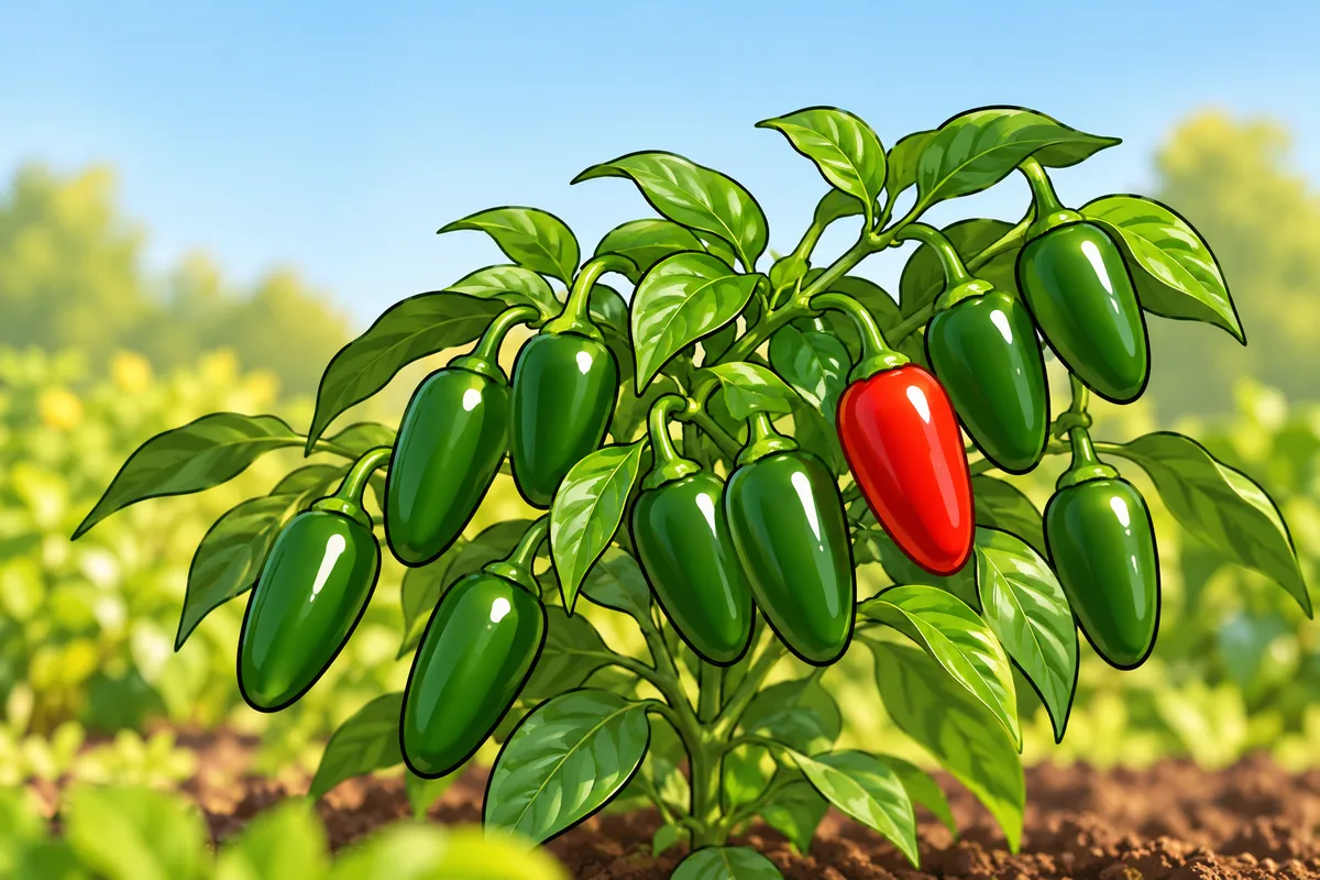 A jalapeño plant branch with about ten firm dark-green pods and a single pod that has turned red.