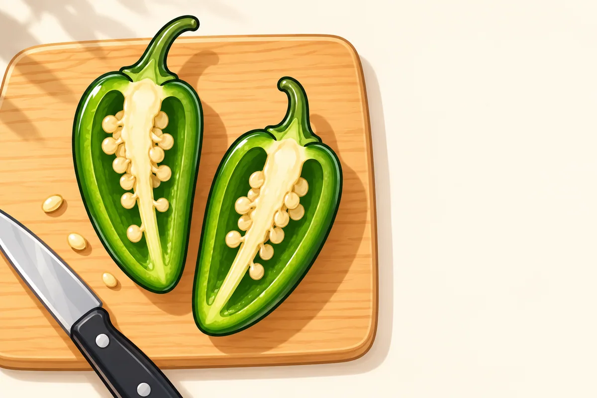 A green jalapeño sliced in half lengthwise, showing pale ribs down the center with cream seeds attached, inside thick green walls.