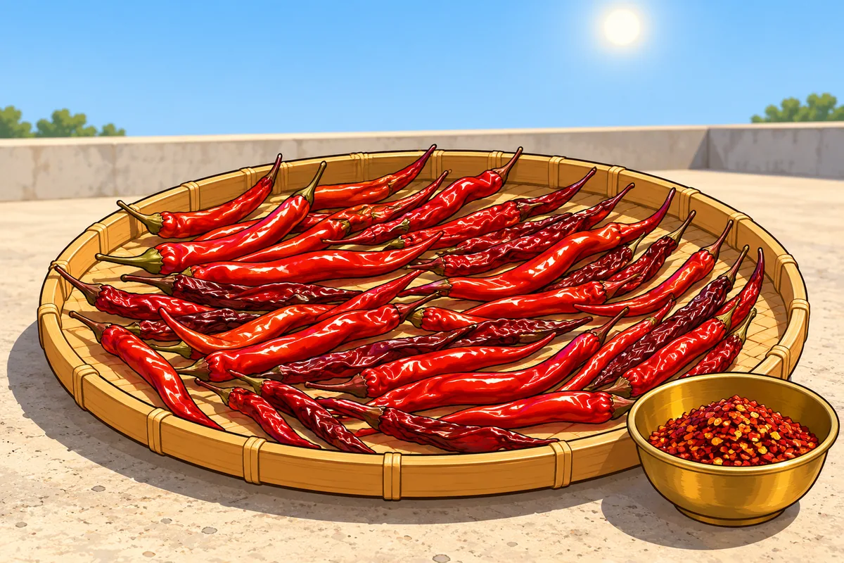 A round woven bamboo tray of long thin red chilies drying on a sunny concrete rooftop, with a small brass bowl of red flakes beside it.