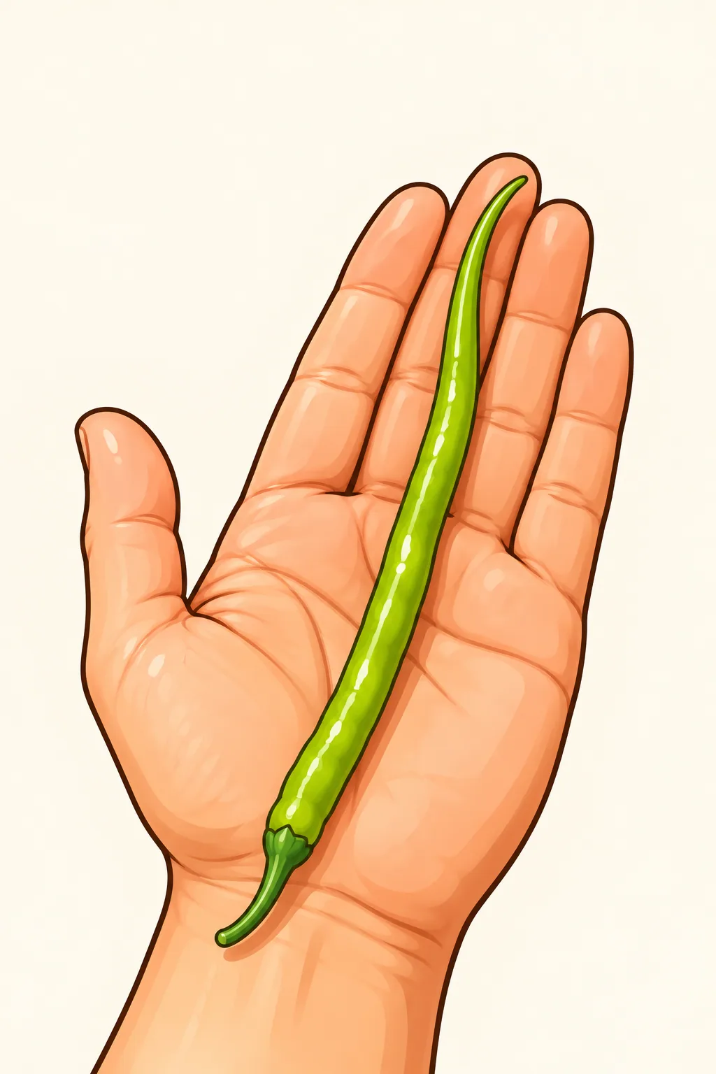 A long, very thin light-green chili pod lying across an open palm, reaching almost to the middle fingertip.