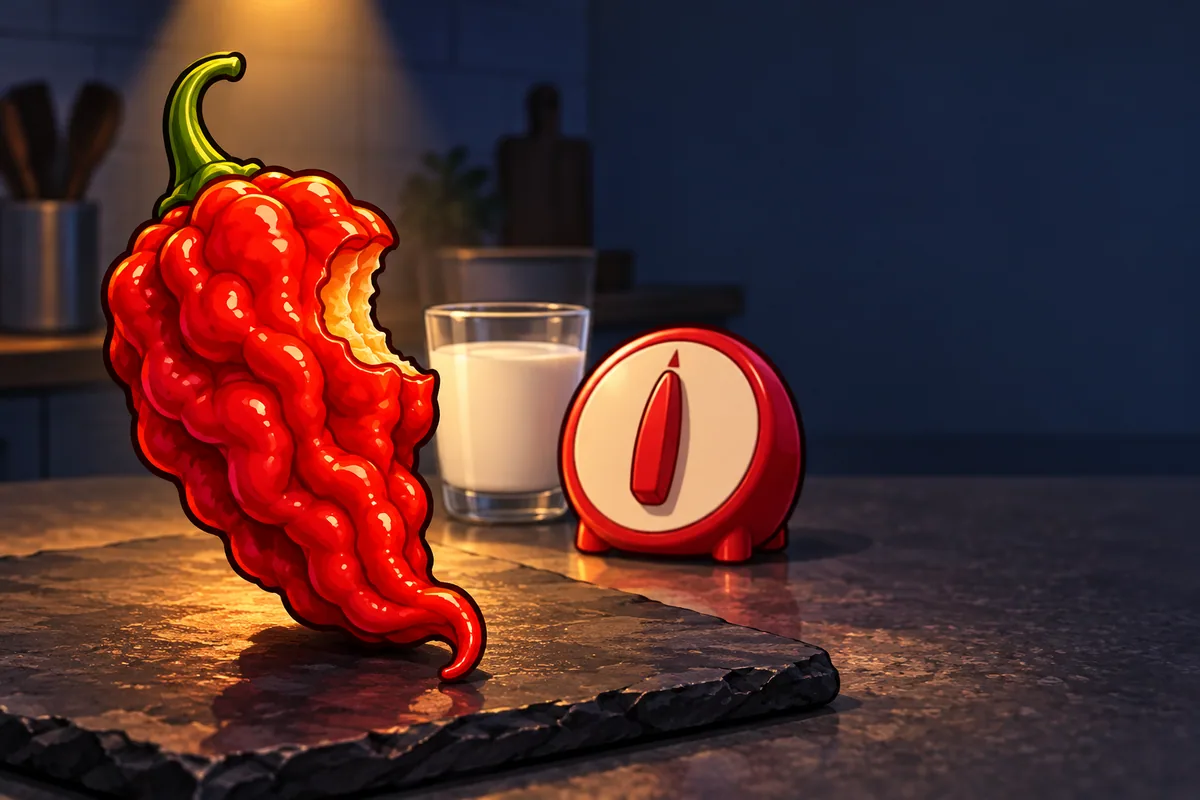 A wrinkled red superhot pod with a bite taken out of it on a slate board at night, a plain kitchen timer and a glass of milk behind it.