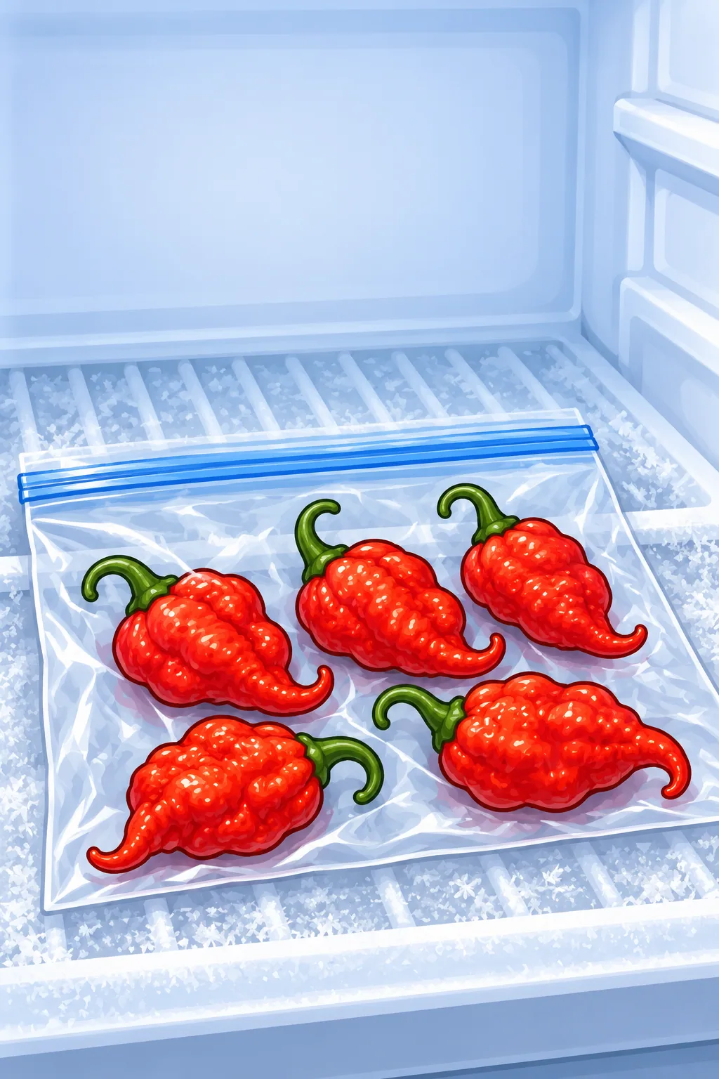 A flat clear freezer bag on a frosty shelf holding five short, bumpy red Komodo Dragon pods in a single layer.