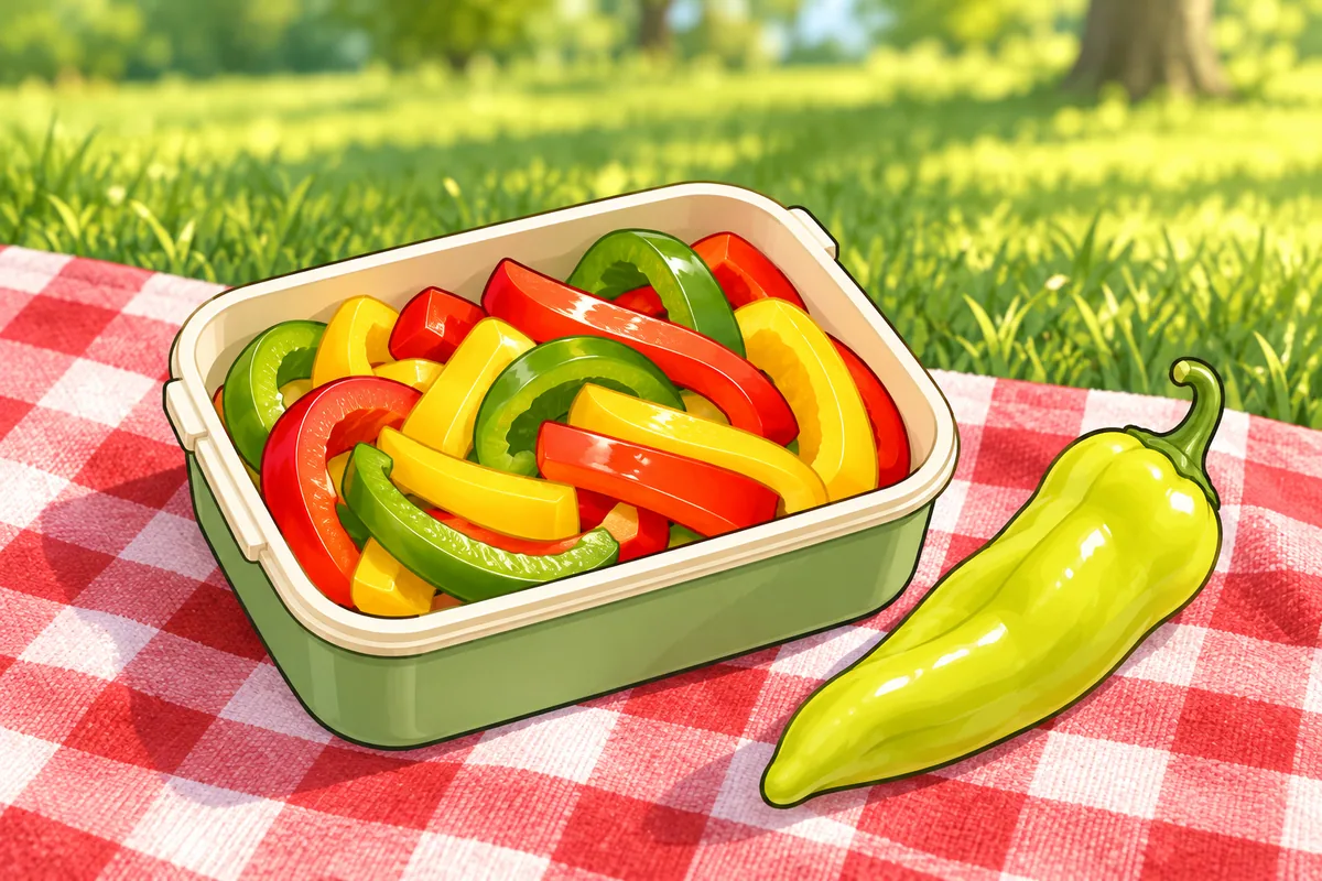 An open lunch box of crisp red, yellow and green bell pepper strips beside a long pale cubanelle on a red-and-white checked picnic blanket in a park.