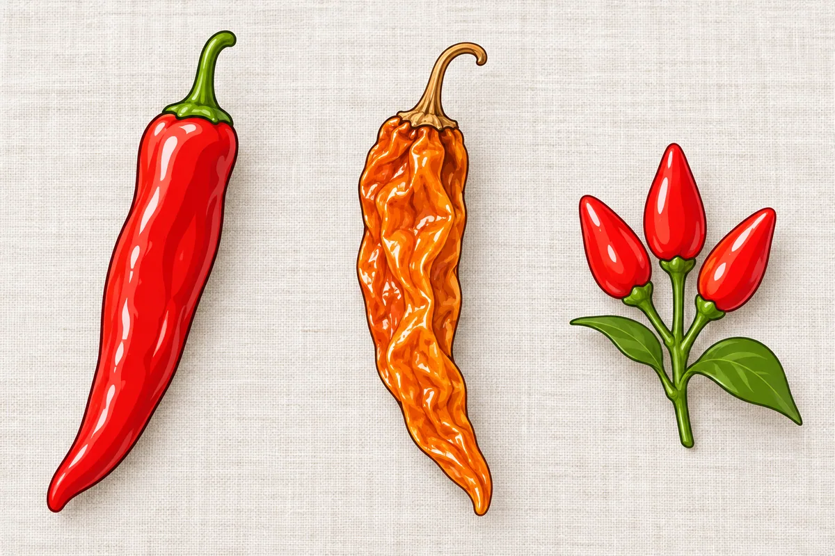 Three peppers on pale linen: a long smooth fresh red Mexican chile, a wrinkled dried orange Peruvian ají, and a sprig of small red cone-shaped pods pointing up.