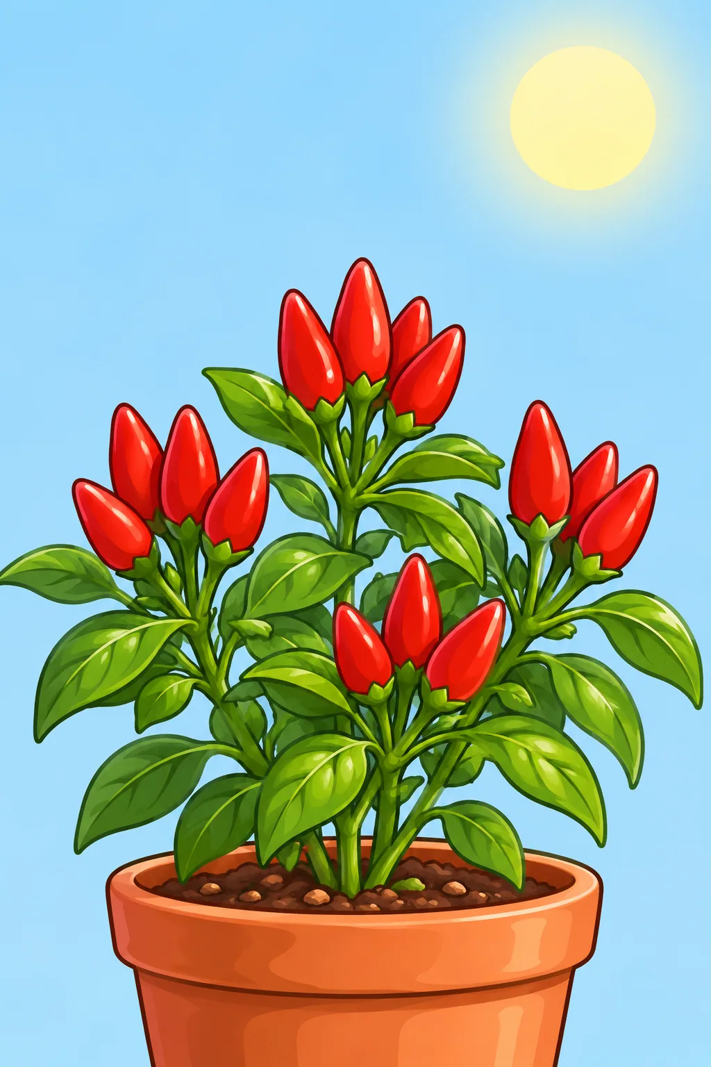 A small bushy pepper plant in a terracotta pot with clusters of small red cone-shaped pods all standing straight up toward a pale sun.