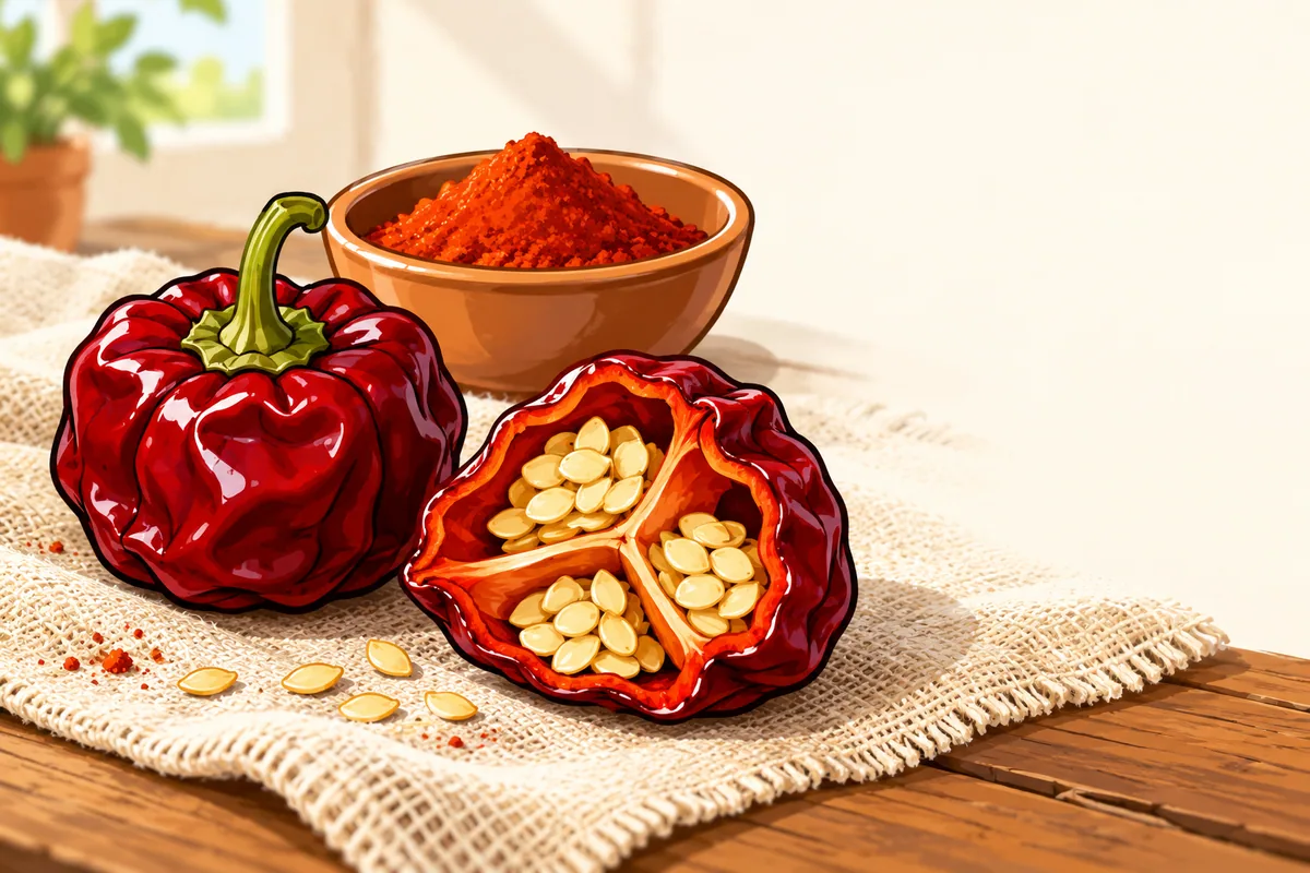 Two dried red ñora peppers on a linen cloth, one whole and one torn open to show three chambers packed with pale seeds.