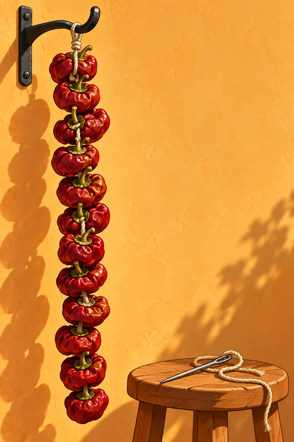 A long vertical chain of round, wrinkled deep-red dried ñoras threaded on a thick cord and hanging from an iron hook against an ochre wall.