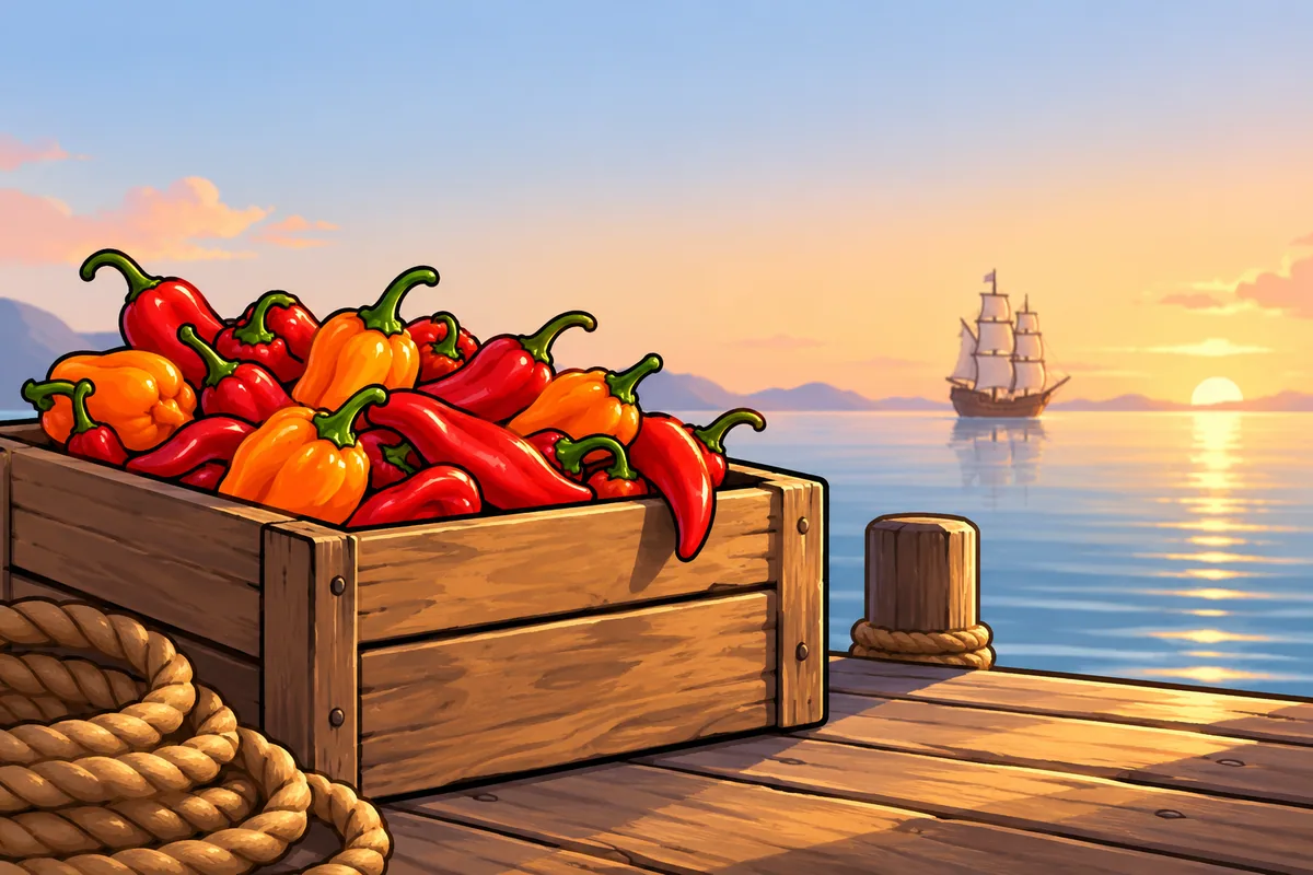 An open wooden crate of red and orange chiles on an old harbor dock at dawn, a coil of rope beside it and a sailing ship far out on the water.