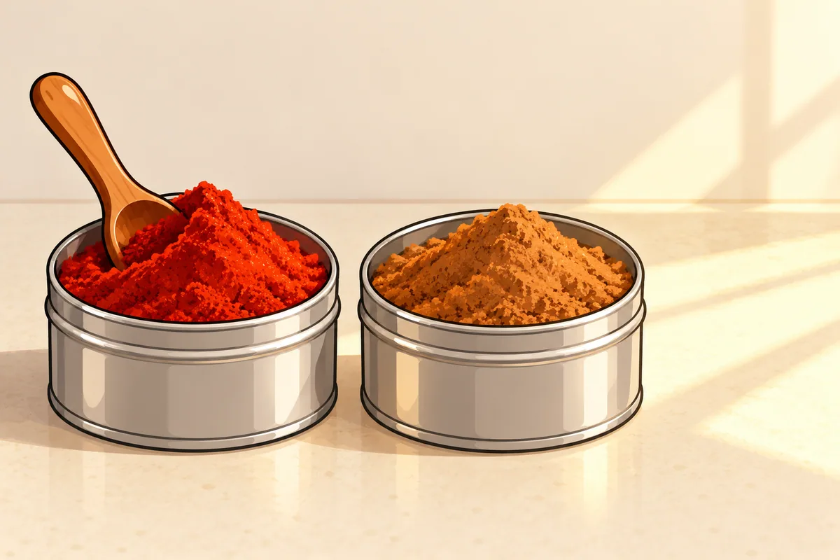 Two identical open tins side by side, the left heaped with vivid red paprika and the right with the same powder faded to dull tan-brown.
