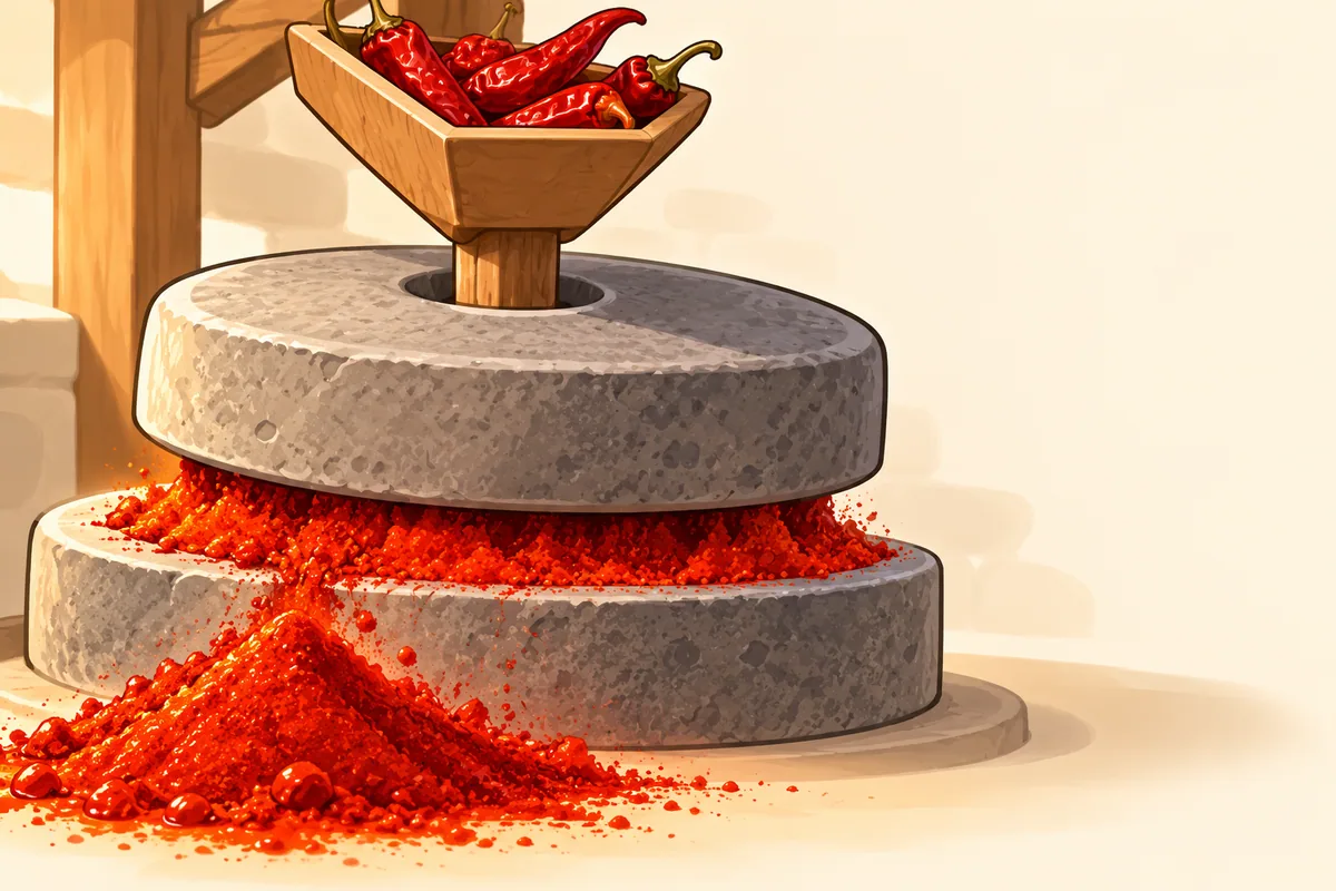 Two round grey millstones with bright red paprika powder spilling from between them and a small wooden funnel of dried red pods above.