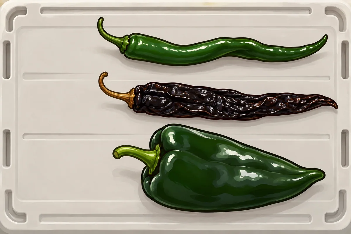 Seen from above: a long slender green chilaca, a nearly black wrinkled dried pasilla of the same shape, and a much wider glossy green poblano.