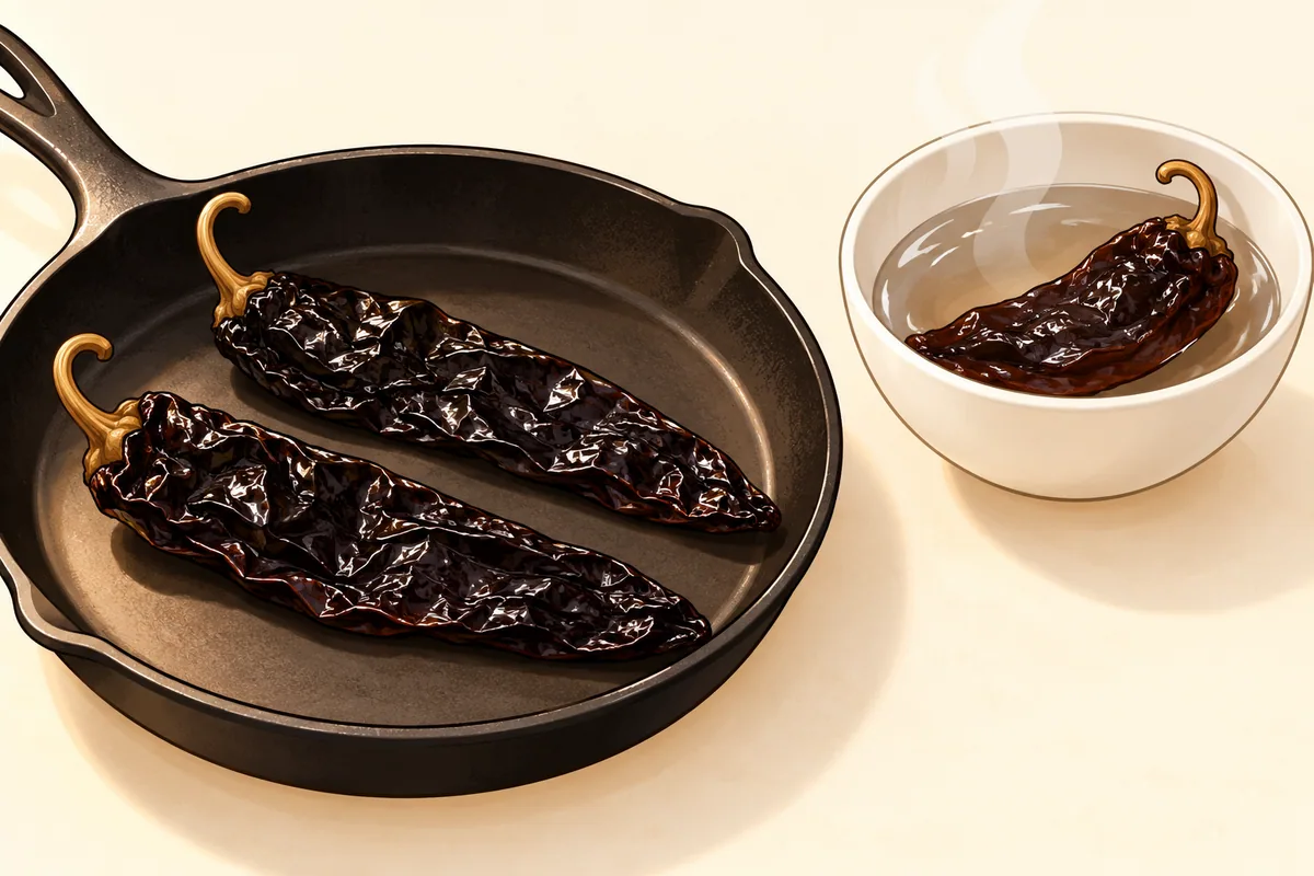 Two long, slim, nearly black dried pasillas pressed flat in a cast-iron pan, with a third pod softening in a bowl of steaming water.