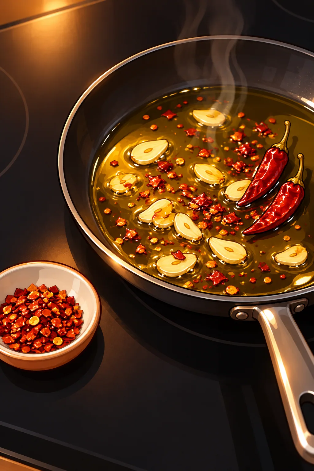 A dark frying pan of golden olive oil with garlic slices, crushed red chili flakes and two whole dried chilies, beside a small dish of flakes.