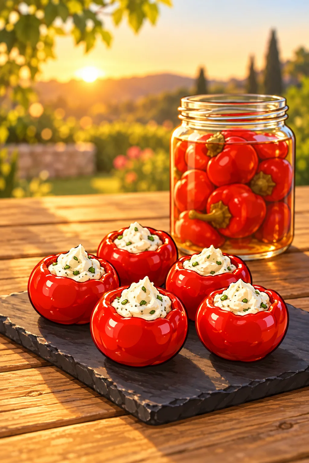 Five round red piquante peppers filled with soft white cheese on a dark slate board, with an unlabelled jar of whole peppers behind, in a garden at golden hour.
