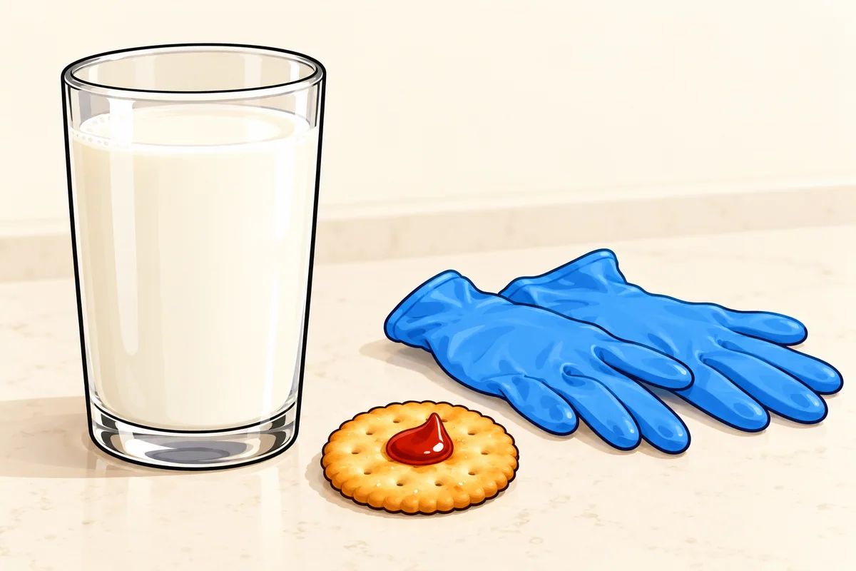 A tall glass of milk beside a cracker with one drop of red sauce and a pair of blue nitrile gloves laid flat.