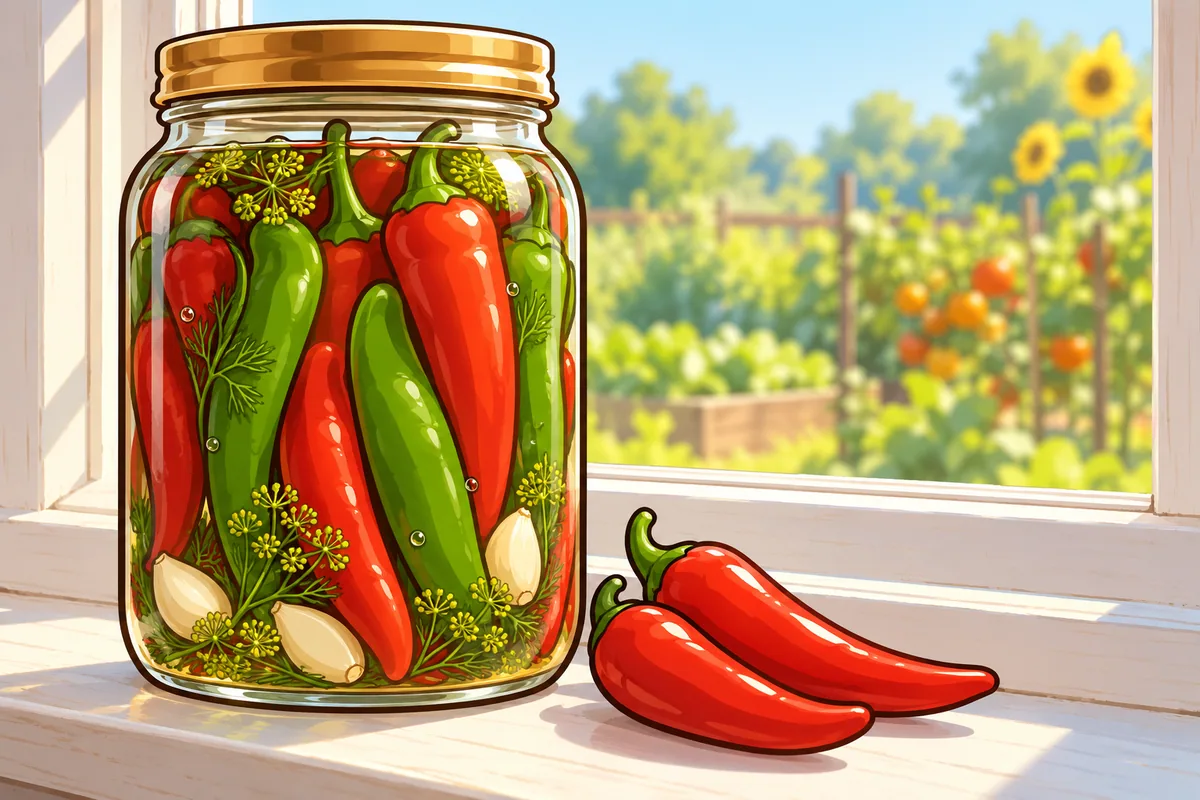 A tall glass jar of red and green chili pods with dill and garlic in clear brine on a sunny farmhouse windowsill, two loose red pods beside it.