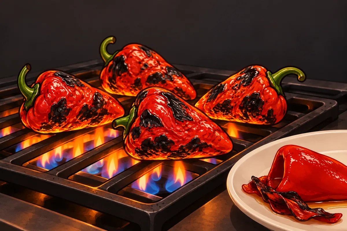 Four small triangular red peppers blistering over blue and orange gas flames on a black grate, with one peeled glossy pepper on a white plate.