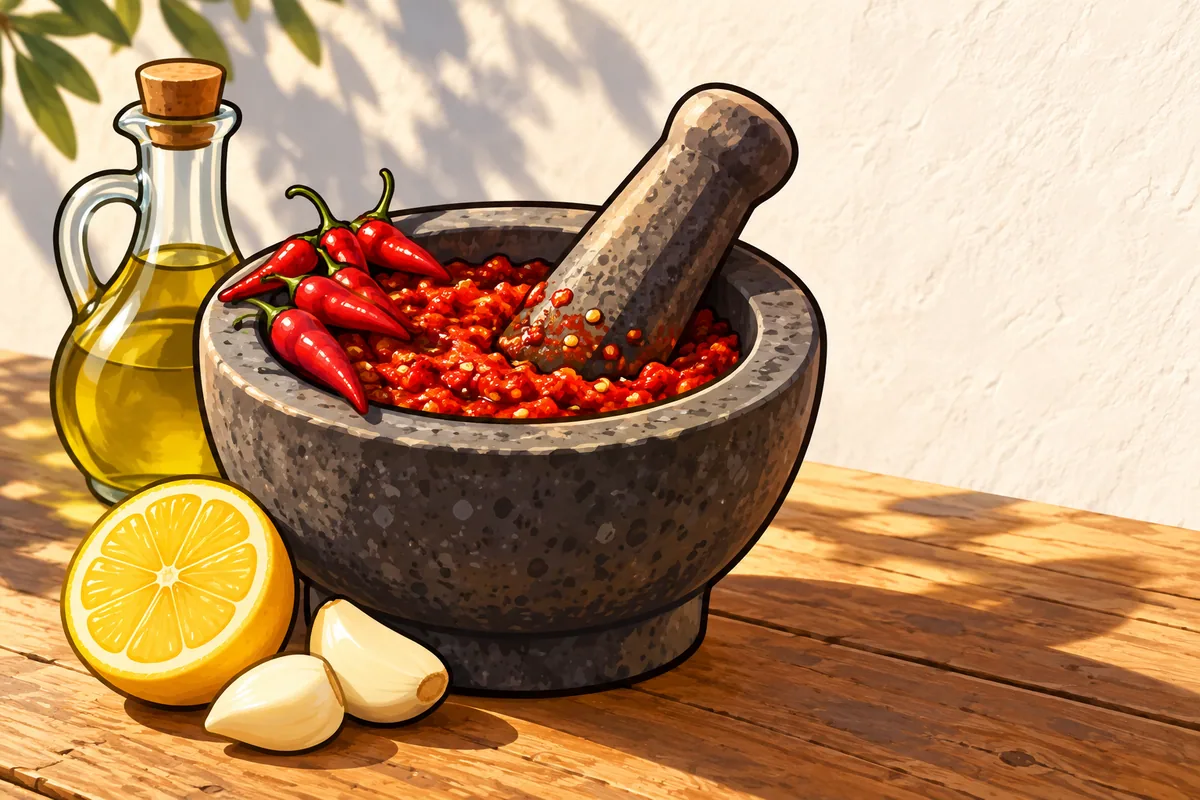 A stone mortar holding coarse red chili paste with small red chilies on its rim, beside half a lemon, two garlic cloves and a cruet of olive oil.