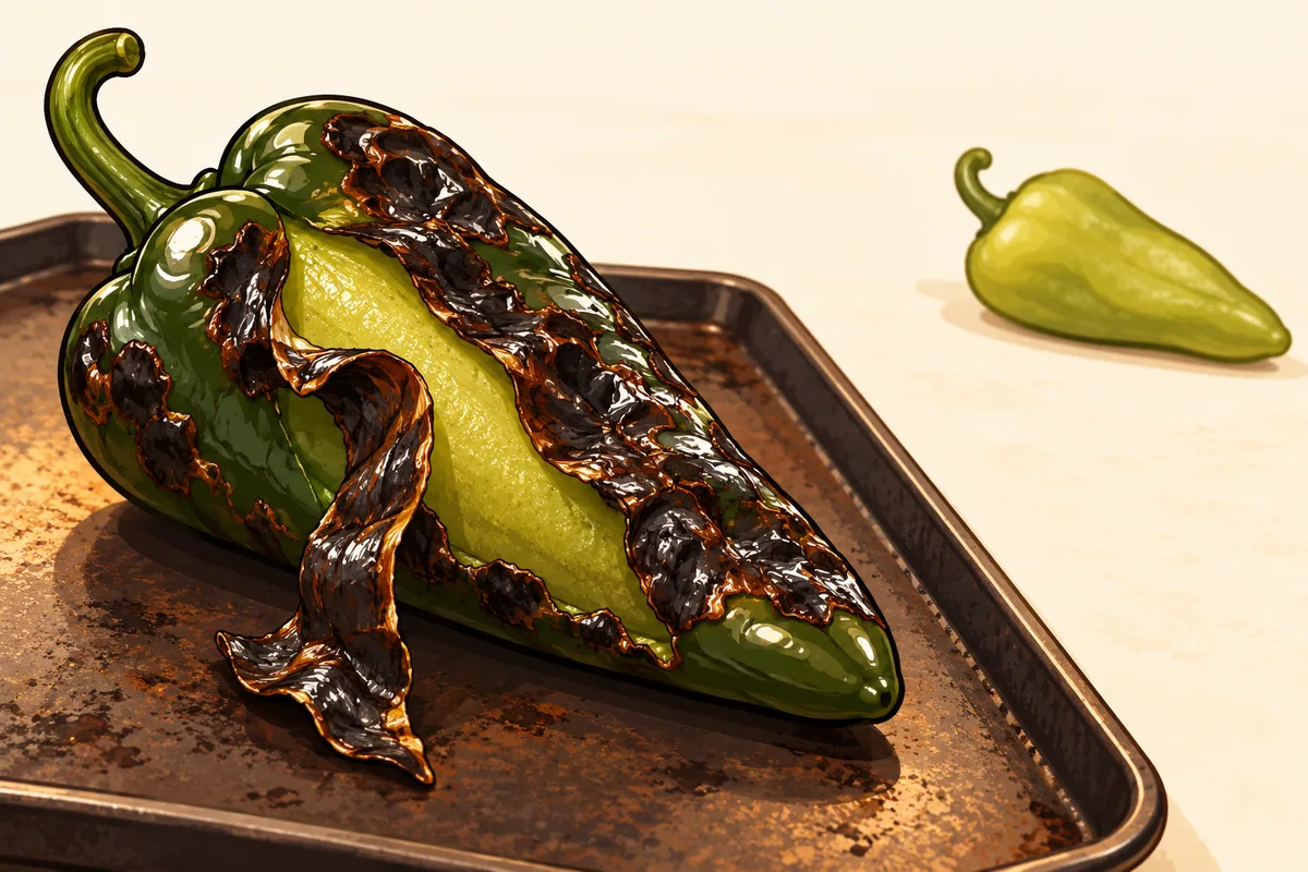 A large poblano with blackened, blistered skin and one long strip of charred skin peeling away to show pale green flesh, with a small peeled pod behind it.