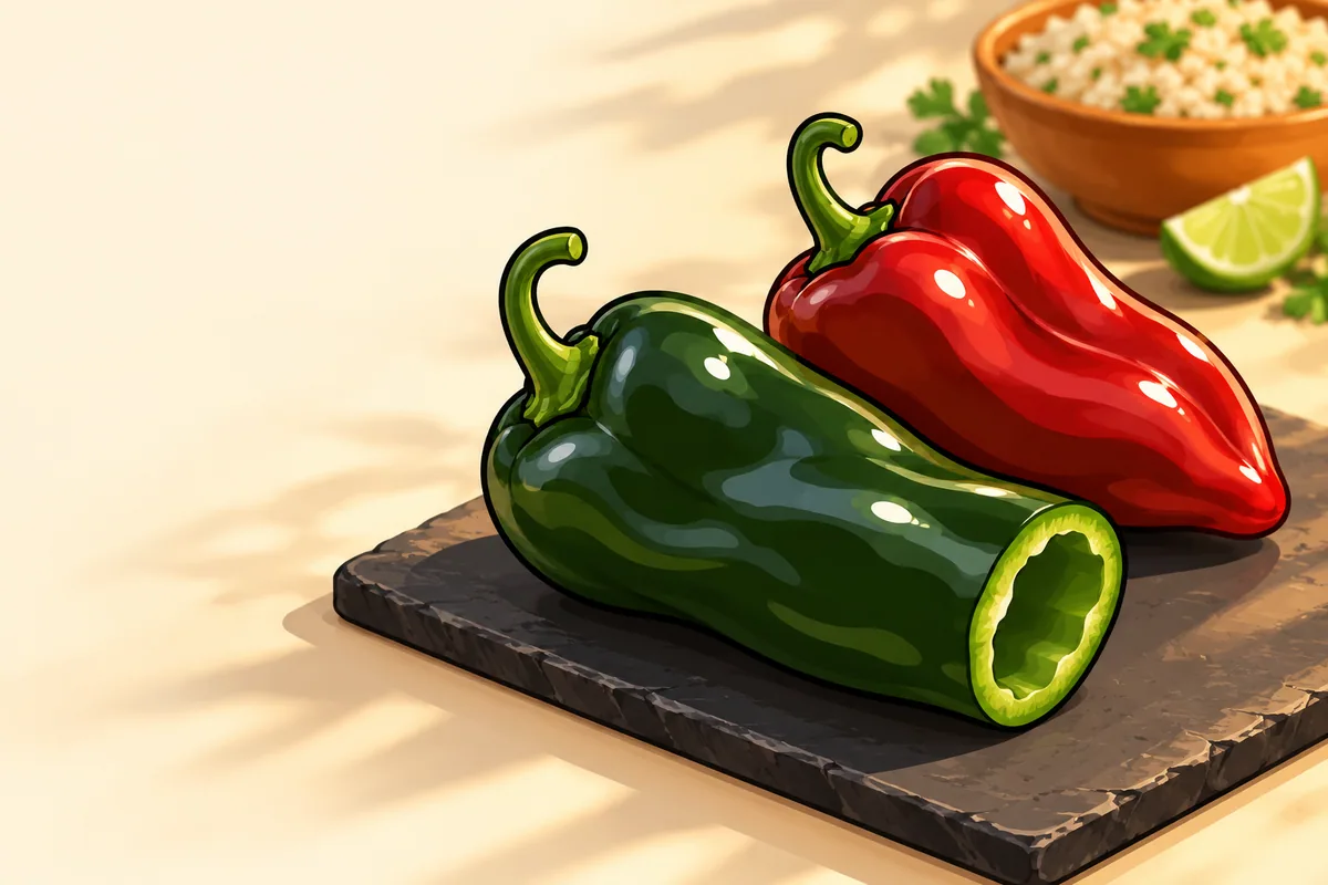 A large green poblano lying on its side beside a half-turned red one, both with broad shoulders and thick walls visible at a cut stem end.