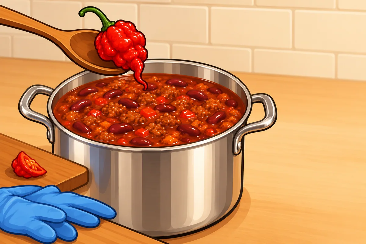A wooden spoon holds one bumpy red Carolina Reaper pod above a big stock pot of red chili, with a thumbnail-sized sliver on a cutting board and blue gloves beside it.