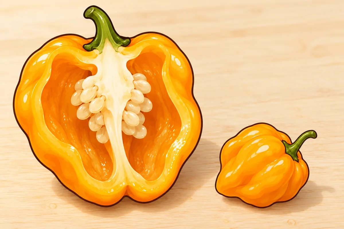 A yellow-orange Scotch bonnet cut in half, showing a thin wall and pale cream ribs with seeds down the middle, beside one small whole pod.